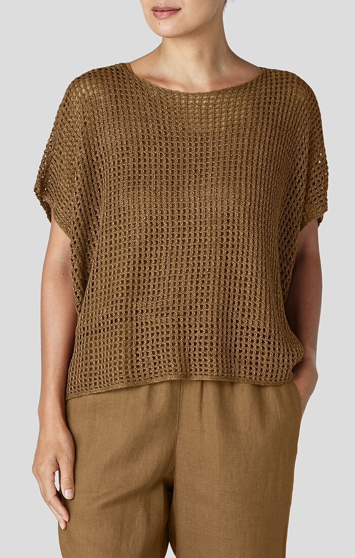 Eileen Fisher Organic Linen Delave Bateau Neck Cap Sleeve Sweater in Bronze