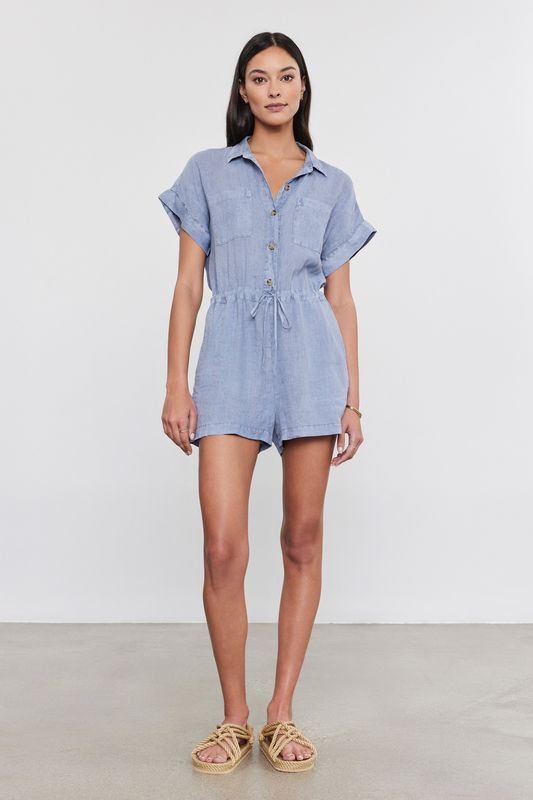 Velvet Clare Woven Linen Short Sleeve Jumper in Blue Haze