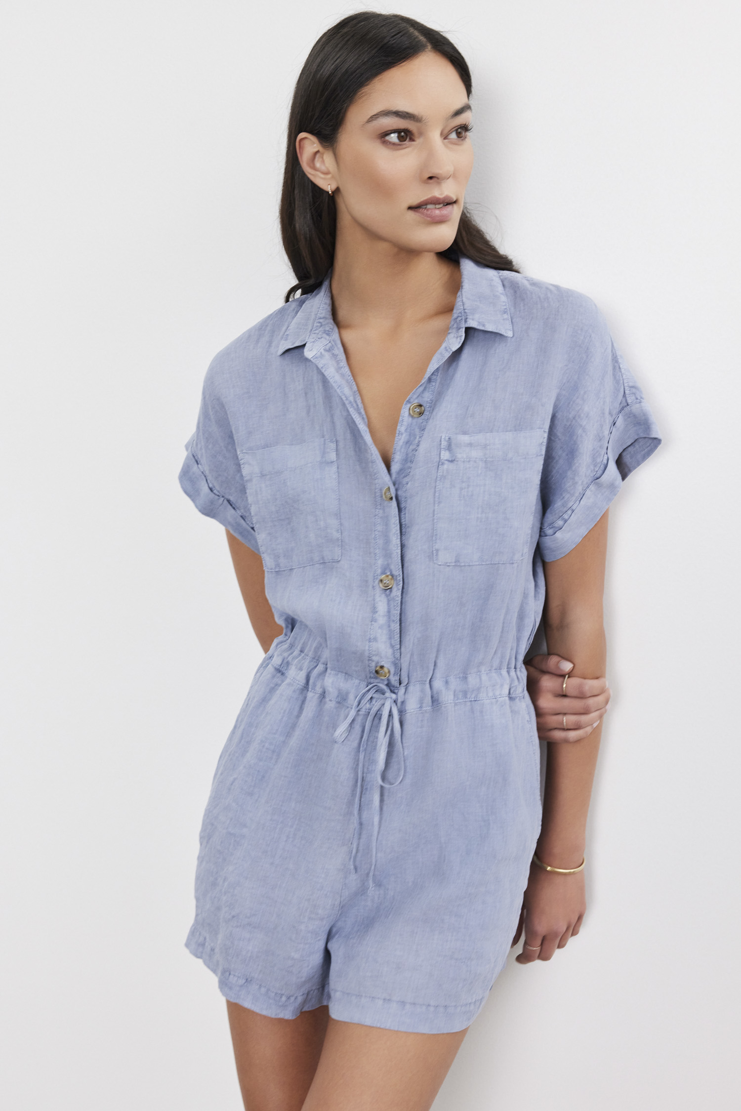 Velvet Clare Woven Linen Short Sleeve Jumper in Blue Haze