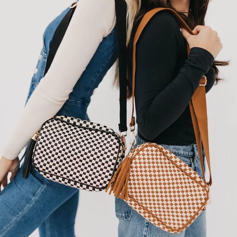 Pretty Simple Woven Willow Camera Crossbody in Checkered Brown