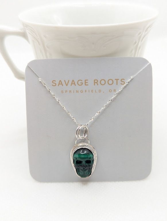 Savage Roots Maeve Carved Skully Pendant in Malachite & Sterling Silver