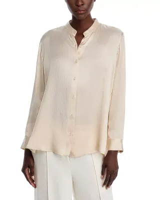 Eileen Fisher Striated Silk Satin Mandarin Collar Long Shirt in Almond