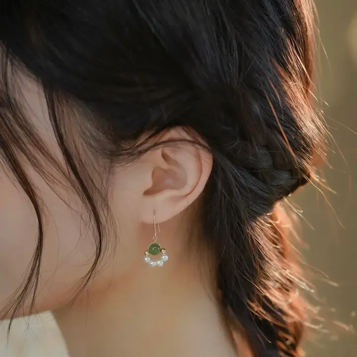 Mavis + Mel Jade and Freshwater Pearl Dangle Earrings in 18K Gold Plated