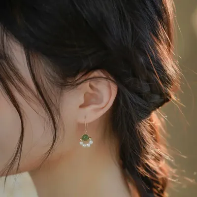 Mavis + Mel Jade and Freshwater Pearl Dangle Earrings in 18K Gold Plated