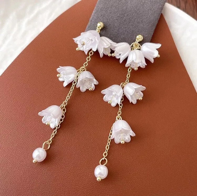 Mavis + Mel Glass Bell Flowers and Pearl Earrings in 18K Gold Plated
