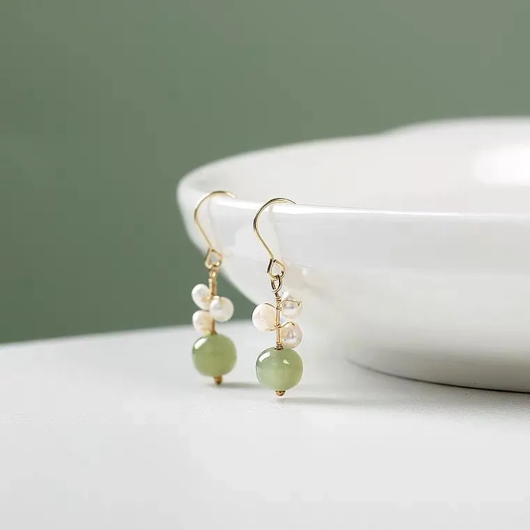 Mavis + Mel Freshwater Hetian Pearls and Jade Earrings in 18K Gold Plated