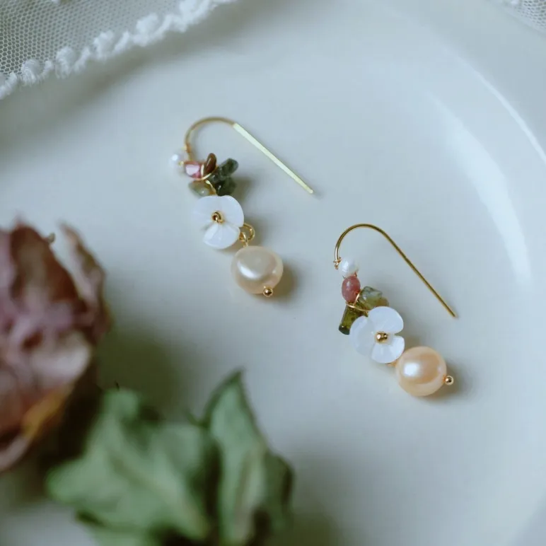 Mavis + Mel Mother of Pearl Tourmaline Earrings in 18K Gold Plated