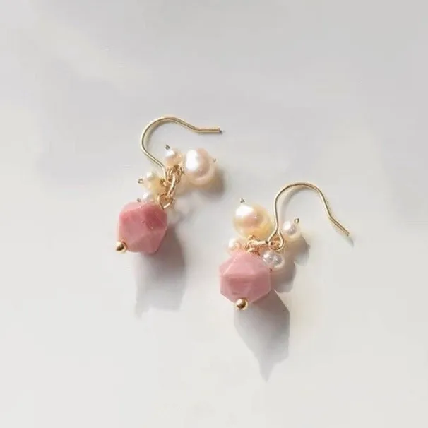 Mavis + Mel Natural Rose Quartz Pearl Earrings in 18k Gold Plated