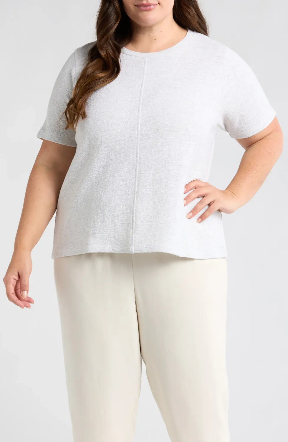 Eileen Fisher Organic Cotton Jacquard Crew Neck Top with Short Sleeves in Sea Salt