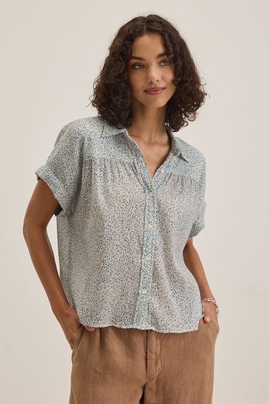 Velvet Tige Printed Crinkle Gauze Button Up Top in Seafoam