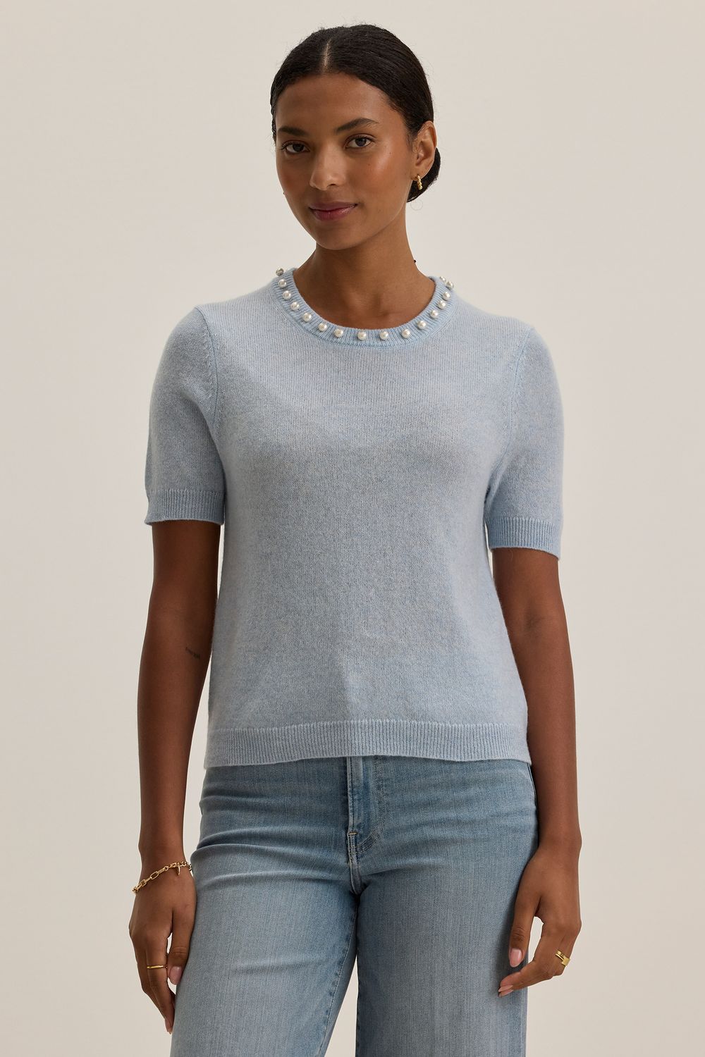 Velvet Yara Cashmere Short Sleeve Sweater in Ice