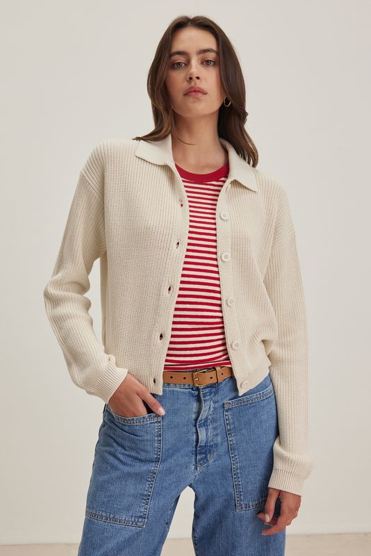 Velvet Taj Textured Cotton Cardi Sweater in Ivory