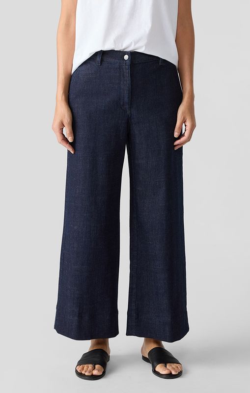 Eileen Fisher Cotton Stretch Denim Wide Ankle Pant in Deep Indigo