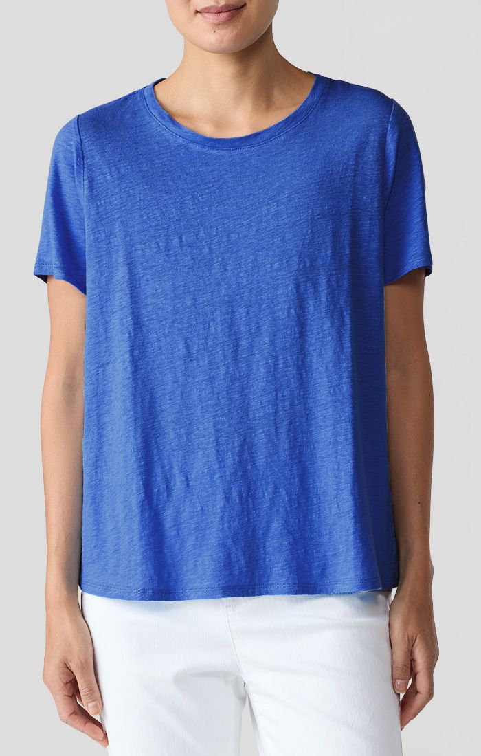 Eileen Fisher Organic Linen Jersey Crew Neck Short Sleeve Tee in Lapis