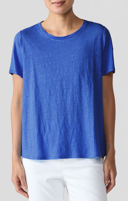 Eileen Fisher Organic Linen Jersey Crew Neck Short Sleeve Tee in Lapis