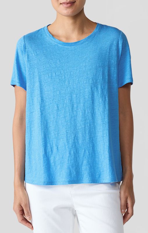 Eileen Fisher Organic Linen Jersey Crew Neck Short Sleeve Tee in Azure