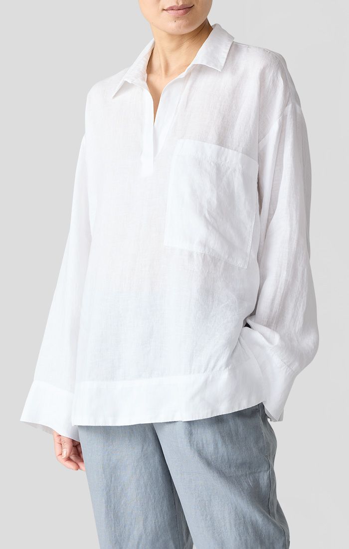 Eileen Fisher Organic Handkerchief Linen Mandarin Collar Pop Over in White