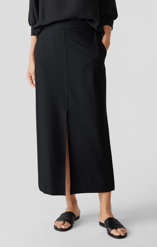 Eileen Fisher Washable Stretch Crepe Maxi Straight Skirt with Front Slit in Black