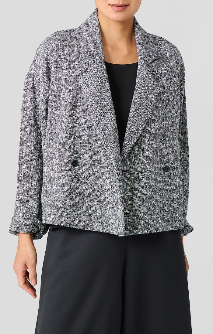Eileen Fisher Cotton Tweed Notch Collar Short Blazer in Black/White