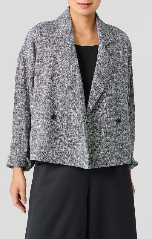 Eileen Fisher Cotton Tweed Notch Collar Short Blazer in Black/White