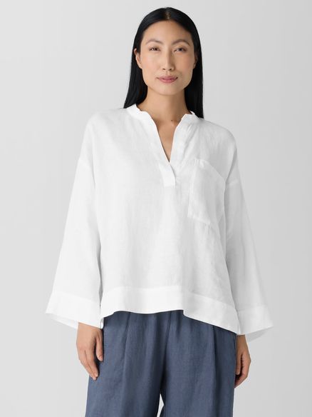 Eileen Fisher Organic Handkerchief Linen Mandarin Collar Pop Over in White