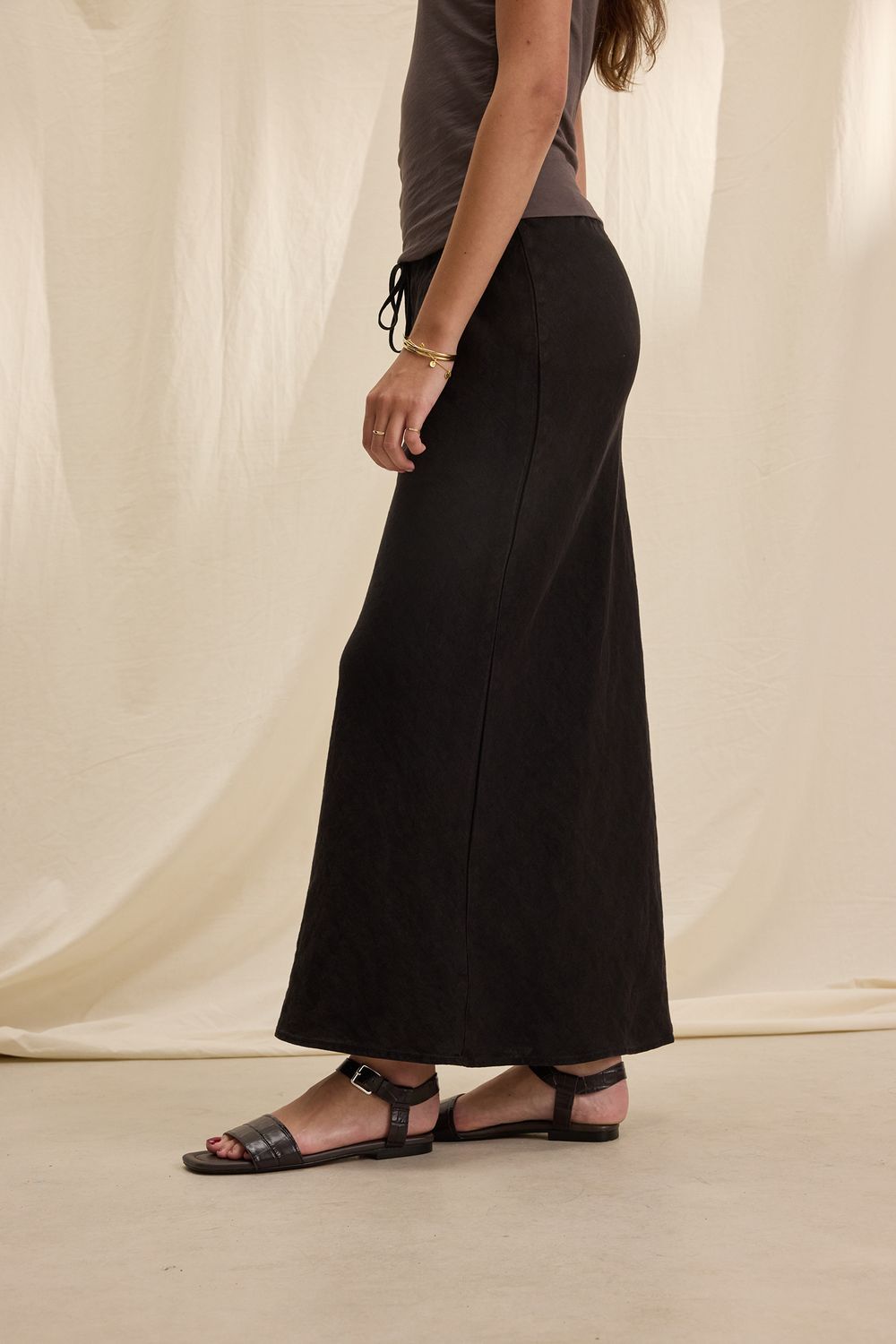 Velvet Beka Heavy Linen Biased Midi Skirt in Black