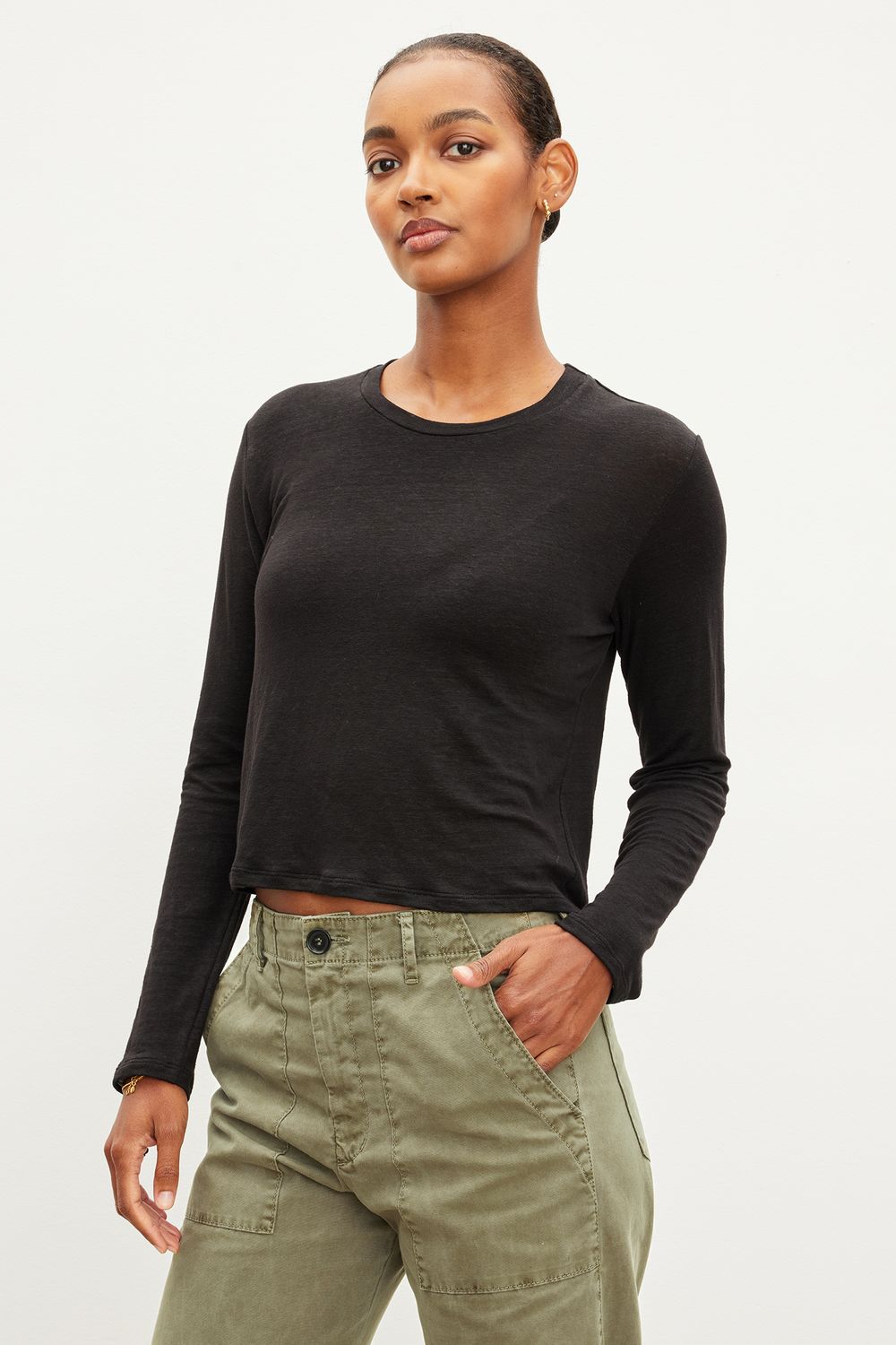 Velvet Kara Linen Knit Long Sleeve Crew in Black