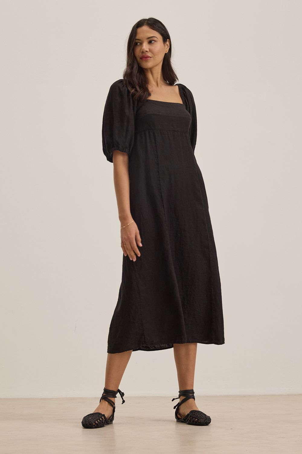 Velvet Brooke Woven Linen Midi Dress in Black