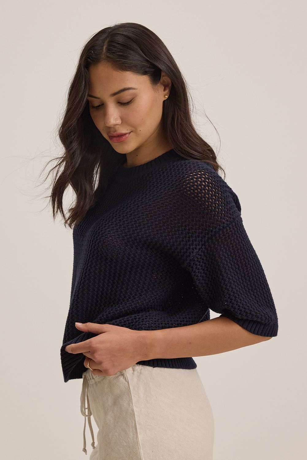 Velvet Vienna Cotton Cashmere Mesh Short Sleeve in Navy
