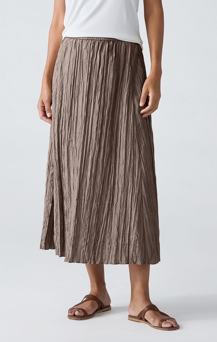 Eileen Fisher Crushed Silk Full Length Flared Skirt in Cocoa