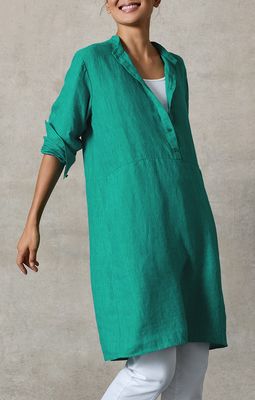 Eileen Fisher Washed Organic Linen Delave Mandarin Collar Knee Length Dress in Jade