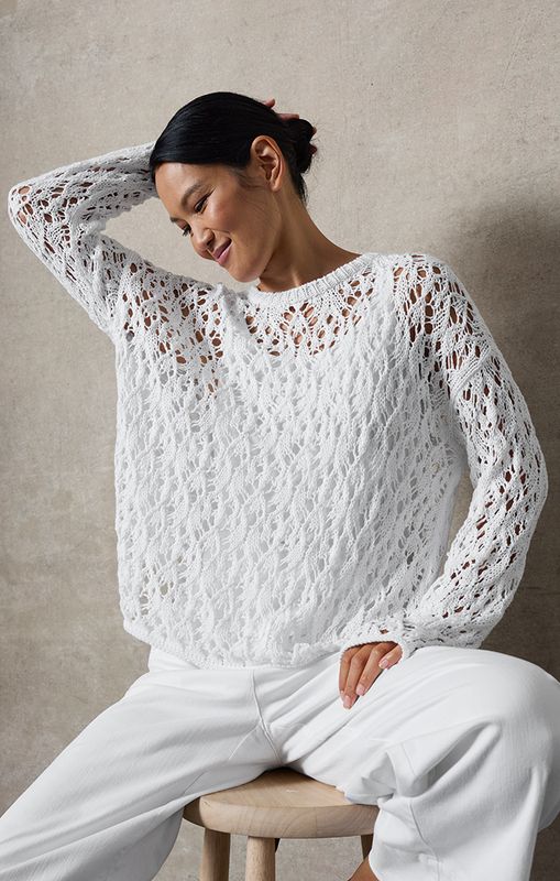 Eileen Fisher Peruvian Organic Cotton Cord Crew Neck Sweater in White