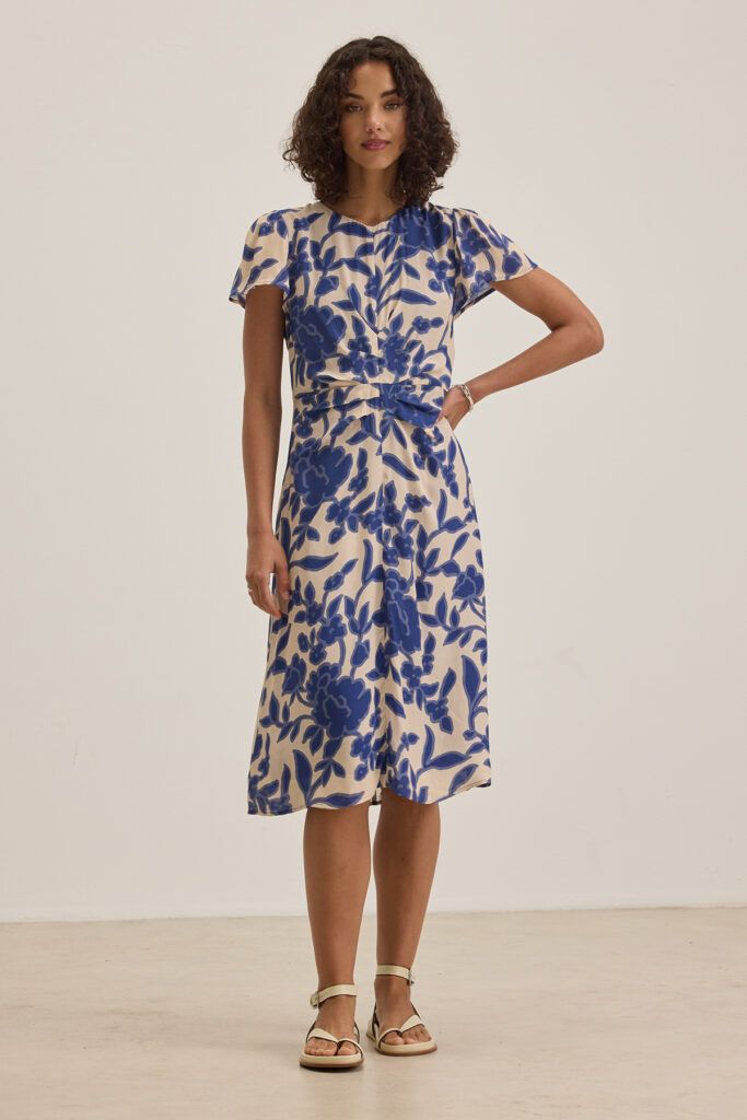 Velvet Nevine Printed Light Royal Crepe Dress in Calla Lilly