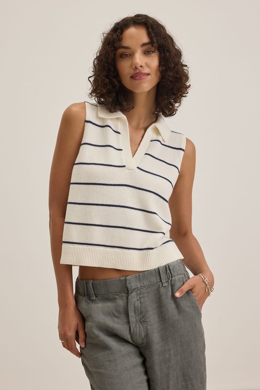 Velvet Nayla Cotton Cashmere Sleeveless Sweater in Milk/Blue