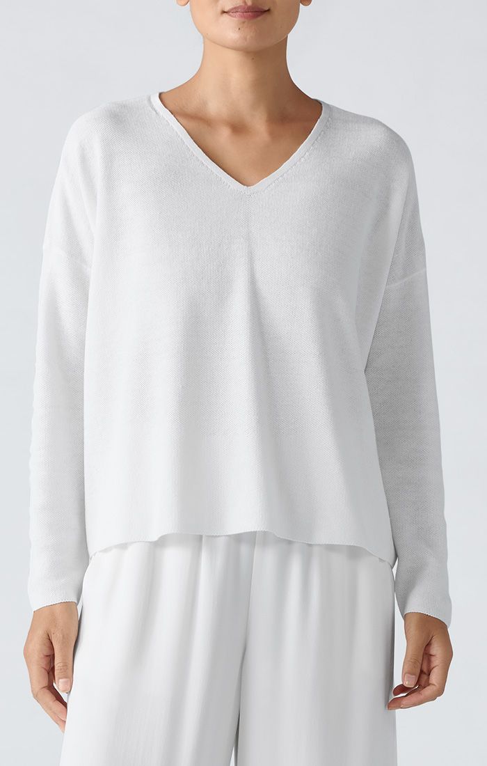 Eileen Fisher Organic Linen Cotton V-Neck Sweater in White