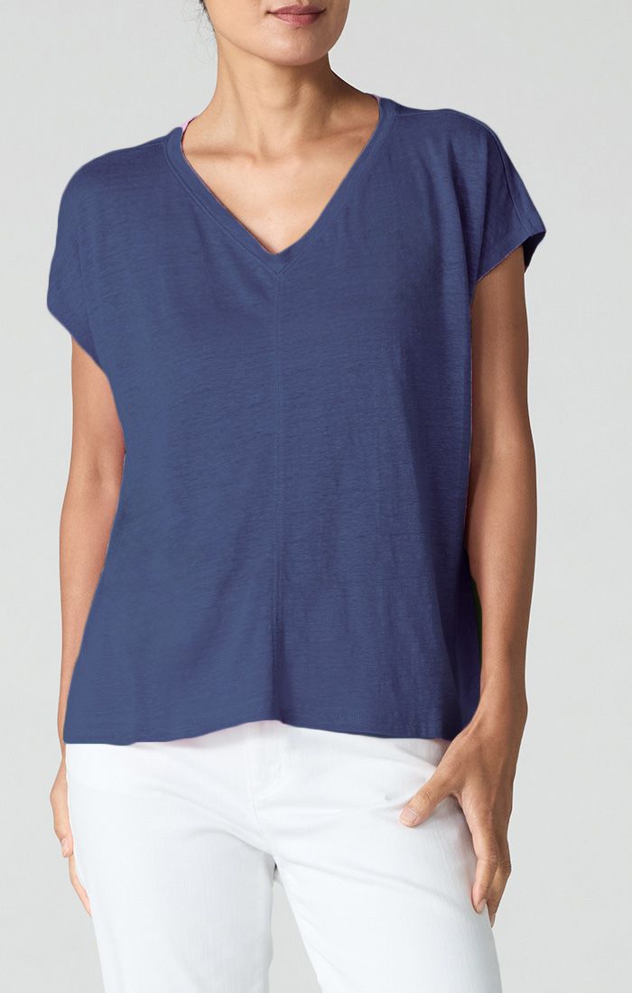 Eileen Fisher Organic Linen Jersey V Neck Square Tee in Bluette