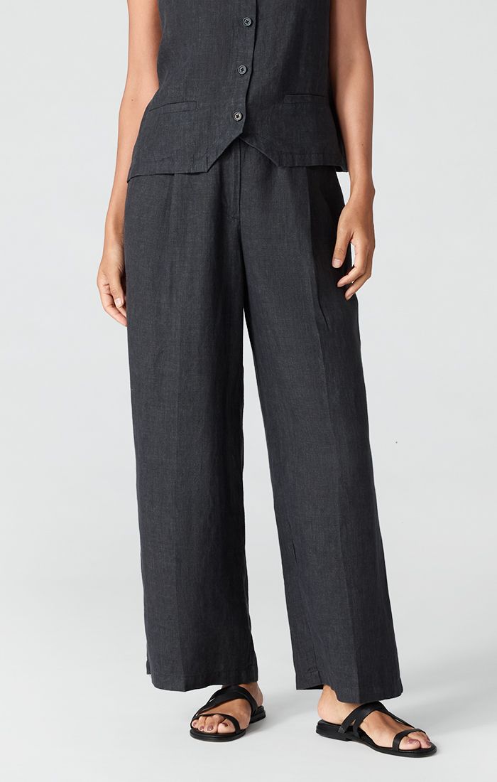 Eileen Fisher Washed Organic Linen Delave High Waisted Wide Pleated Full Length Pant in Graphite