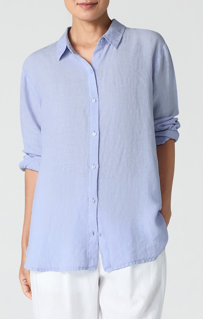 Eileen Fisher Organic Handkerchief Linen Classic Collar Long Shirt in Bellflower