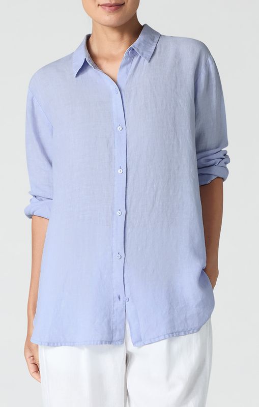 Eileen Fisher Organic Handkerchief Linen Classic Collar Long Shirt in Bellflower