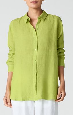 Eileen Fisher Organic Handkerchief Linen Classic Collar Long Shirt in Chartreuse