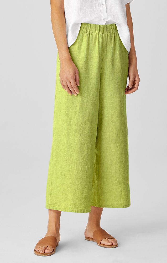 Eileen Fisher Organic Linen Wide Leg Cropped Pant in Chartreuse