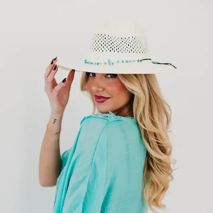Pretty Simple Shell Beach Western Sun Hat in Blue Stones