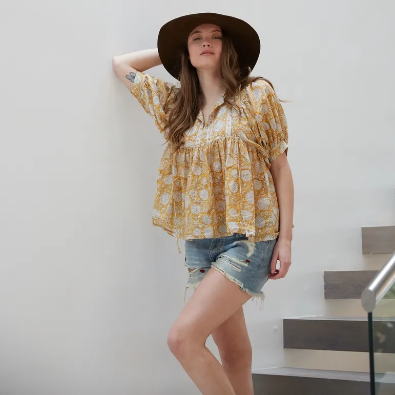 The Fox and The Mermaid Block Printed Boho Blouse in Bhuma