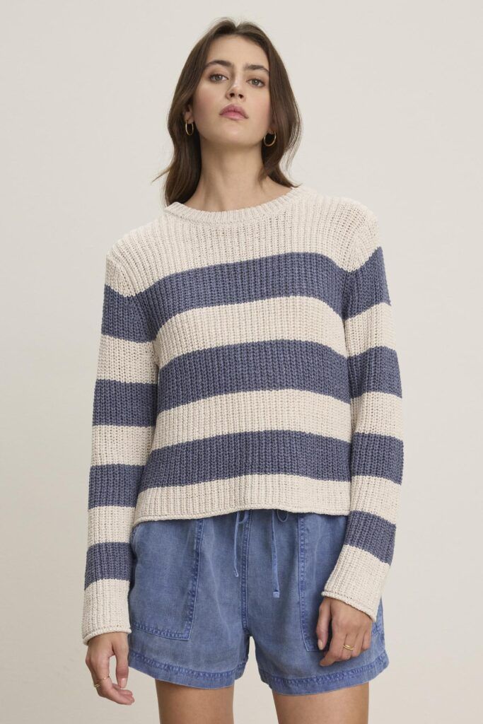 Velvet Maxine Cotton Tape Sweater in Chalk/Atlas