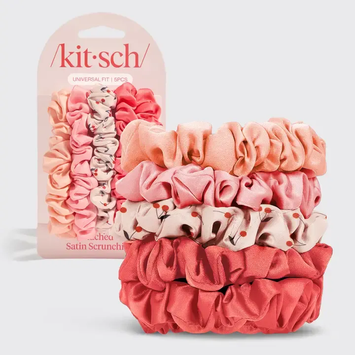 Kitsch Ruched Satin Scrunchies 5 Piece Set in Cherry Blossom