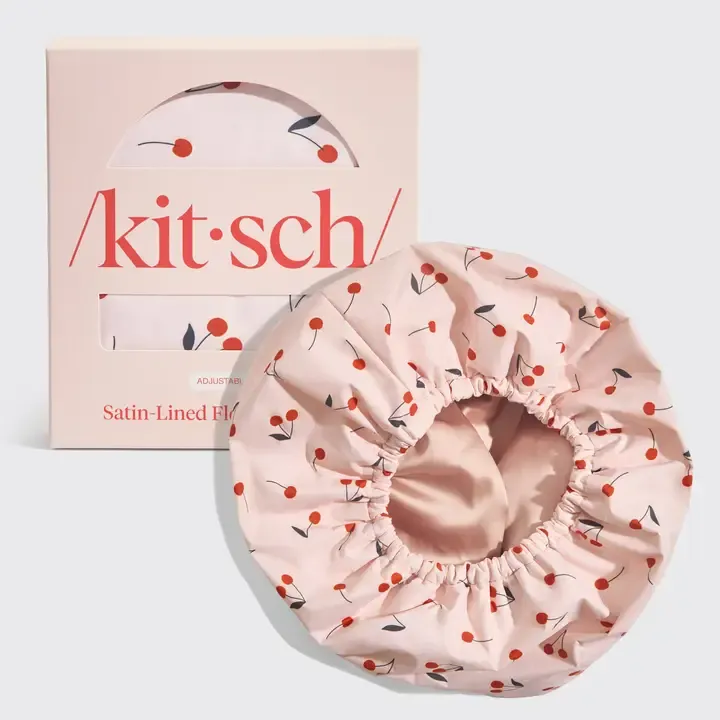 Kitsch Satin-Lined Flexi Shower Cap in Cherry Print