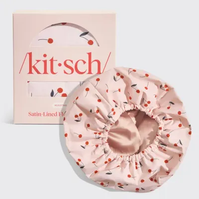 Kitsch Satin-Lined Flexi Shower Cap in Cherry Print Kitsch Satin-Lined Flexi Shower Cap in Cherry Print