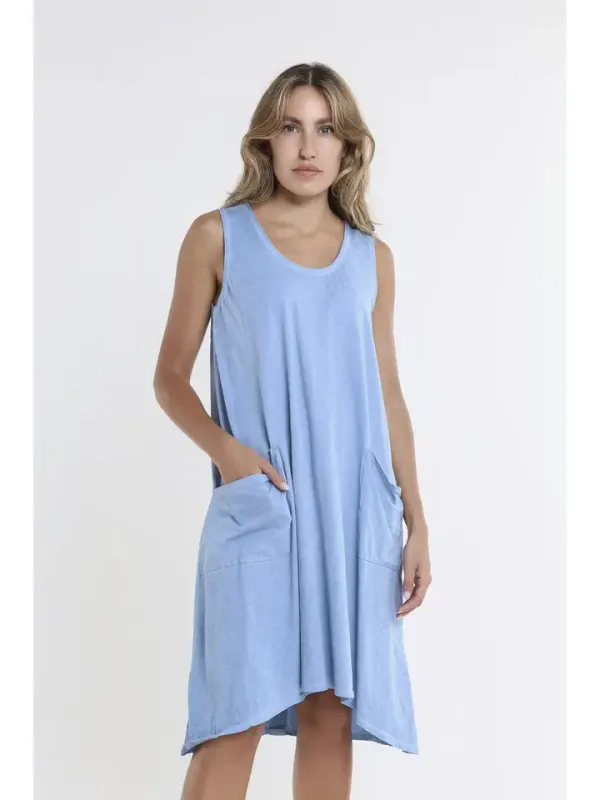 Tees by Tina Sue Cotton Double Pocket Tank Dress in Jean