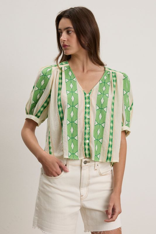 Velvet Marissa Jacquard Short Sleeve V Neck Button Blouse in Lime