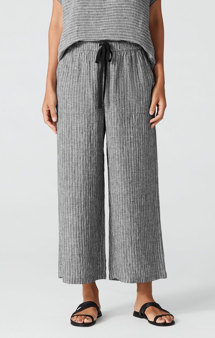 Eileen Fisher Puckered Organic Linen Wide Cropped Pant in Black/White